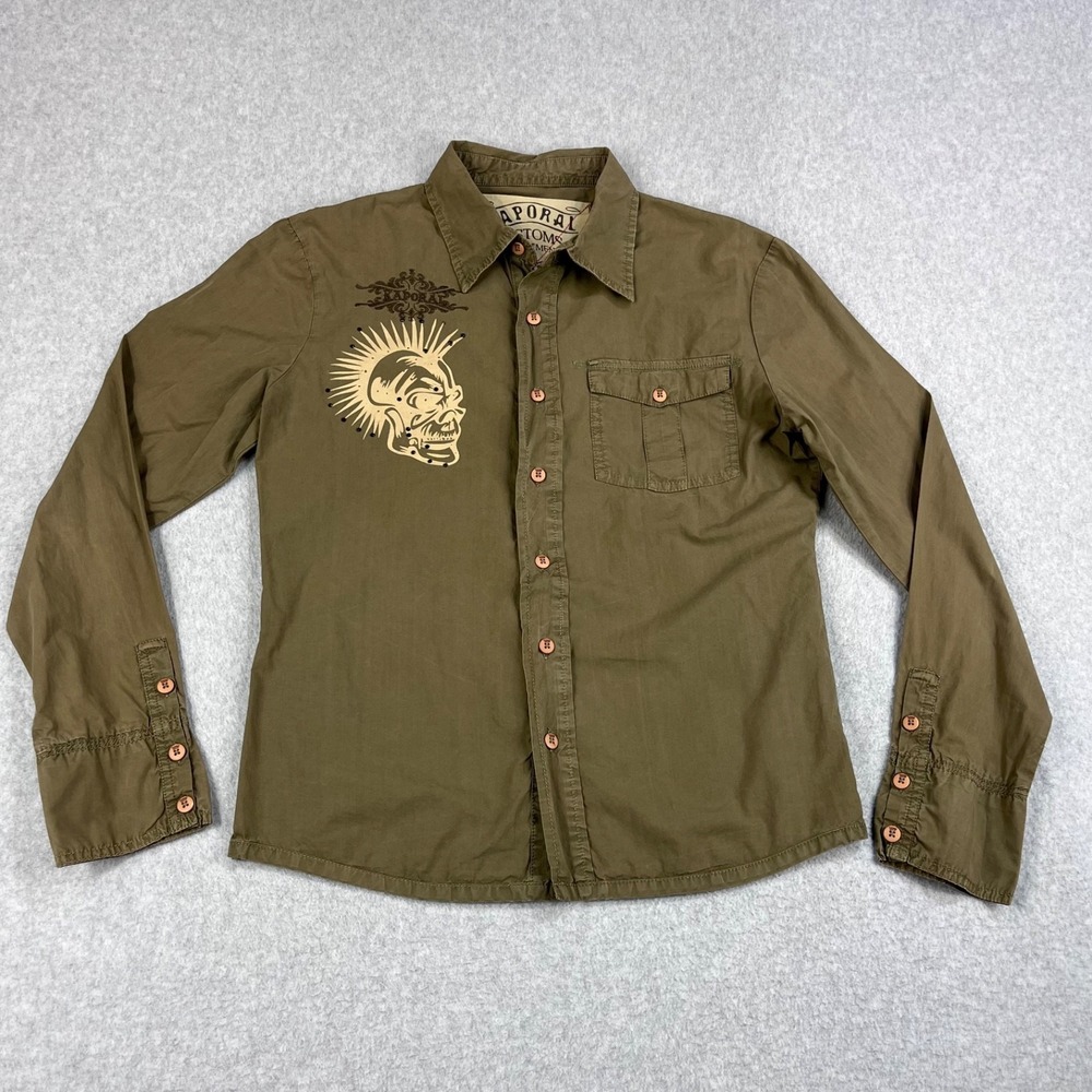 Kaporal Shirt Mens Medium Brown Embroidered Graphic Print Skull Rhinestones Bike